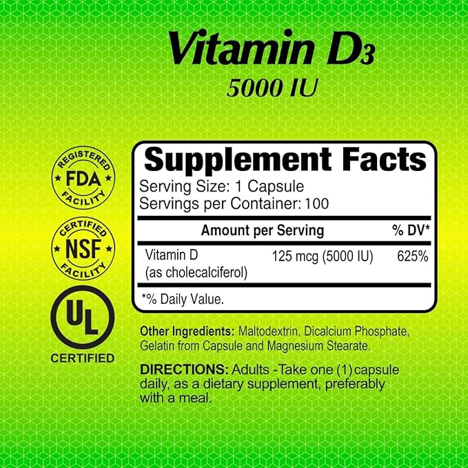 ALFA VITAMINES Vitamine D3 1000 UI, favorise la santé immunitaire, l'absorption du calcium, la santé des os et des articulations, complément alimentaire pour le bien-être quotidien, sans OGM, sans gluten, 100 gélules