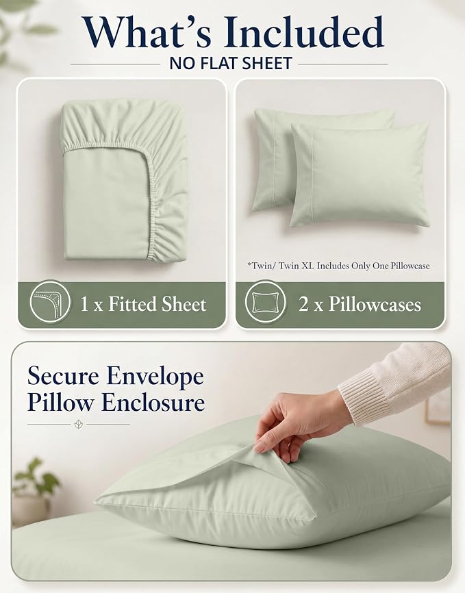 LANE LINEN Twin XL Fitted Sheet, 100% Organic Cotton 2-Piece Set (1 Fitted Sheet, 1 Pillowcase), Percale Weave, Bottom Sheet, Soft, Breathable, Fits Mattress Upto 15" Deep - Mineral (No Flat Sheet)