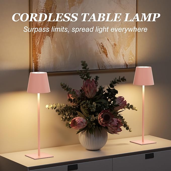 Kakanuo Pink Cordless Rechargeable Table Lamp 5000mAh Battery Operated Lamps, 3 Colors Stepless Dimming Touch Lamp for Living Room, Kitchen Counter, Dining, Outdoor Patio, 2 Pack