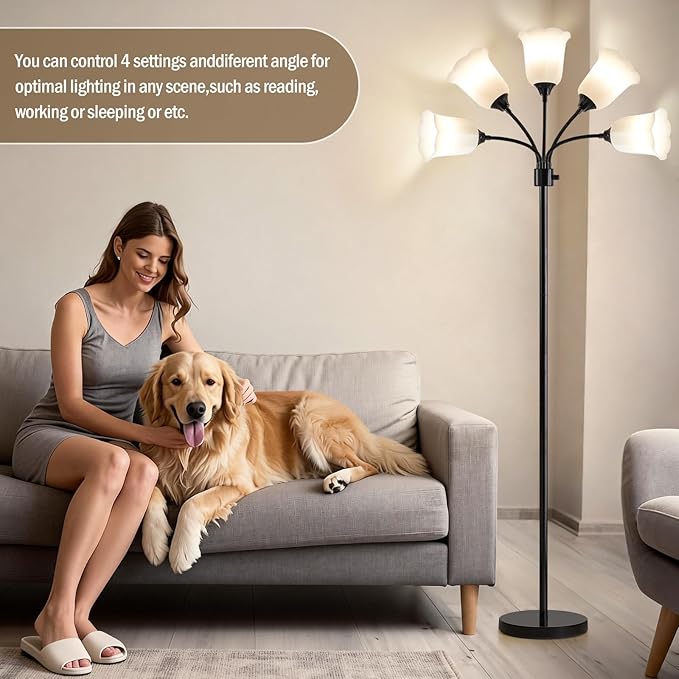 GyroVu Medusa LED Floor Lamp, Multi Head Modern Tall Lamp with Adjustable Gooseneck Standing Lamps for Living Room Bedroom Kids Room Office 5 White Lampshades Bulb Not Included(Black)