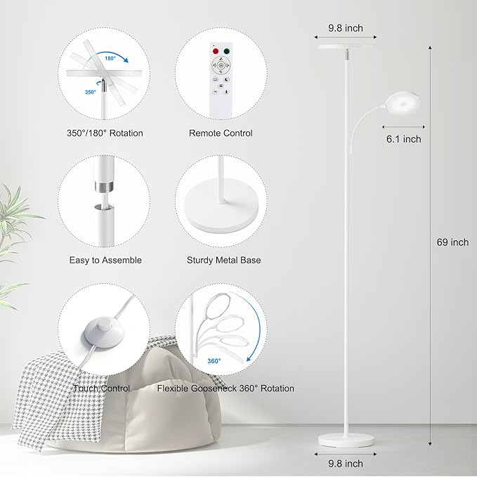 SUNMORY Floor Lamps for Living Room, 48W/4200LM Super Bright LED Floor Lamp with Remote Control, 69" Tall Standing Lamp with Stepless Dimmable, Modern Torchiere Reading Lamp for Bedroom, Office White