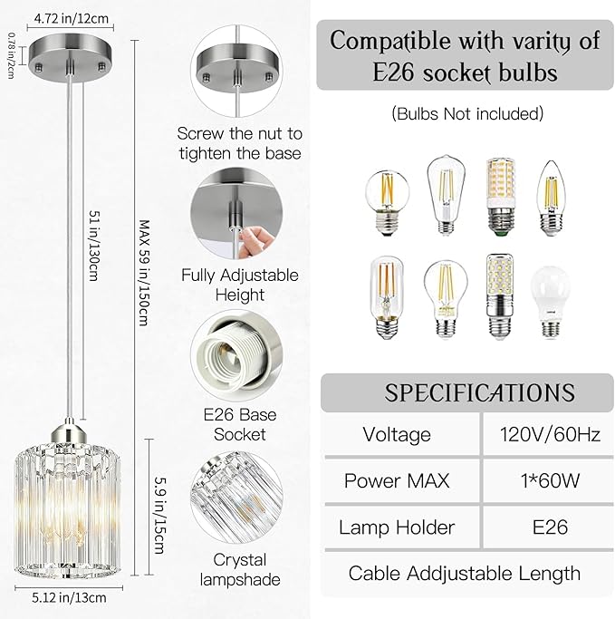 3 Pack Pendant Lights Kitchen Island, Modern Island Lights for Kitchen with Crystal Glass – Luxury Nickel Pendant Lights for Kitchen Island, Dining Table, Entryway, Restaurant
