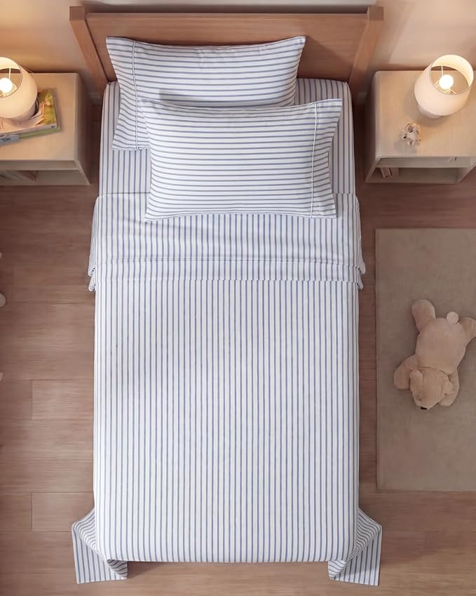Twin 4 Piece Sheet Set - Comfy Breathable & Cooling - Soft Hotel Luxury Bedding Set with 8-16 Inch Deep Pockets - 1 Flat & 1 Fitted Sheet & 2 Pillowcases - Wrinkle Free & Easy Care - Blue Stripes 2