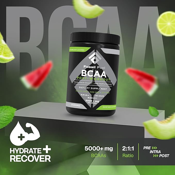 Fossil Fuel Sugar-Free BCAA Powder – Post-Workout Muscle Recovery with BCAAs, Glutamine, Vitamin B6, Amino Acids, Endurance & Hydration, Honeydew Watermelon (30 Servings)