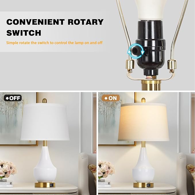 Cinyirong Modern White Table Lamp Set of 2, 24" Ceramic Table Lamp with USB A+C Ports,Classic Beside Lamps Nightstand Lamp Modern Lamp for Living Room, Bedroom & Office -LED Bulbs Included