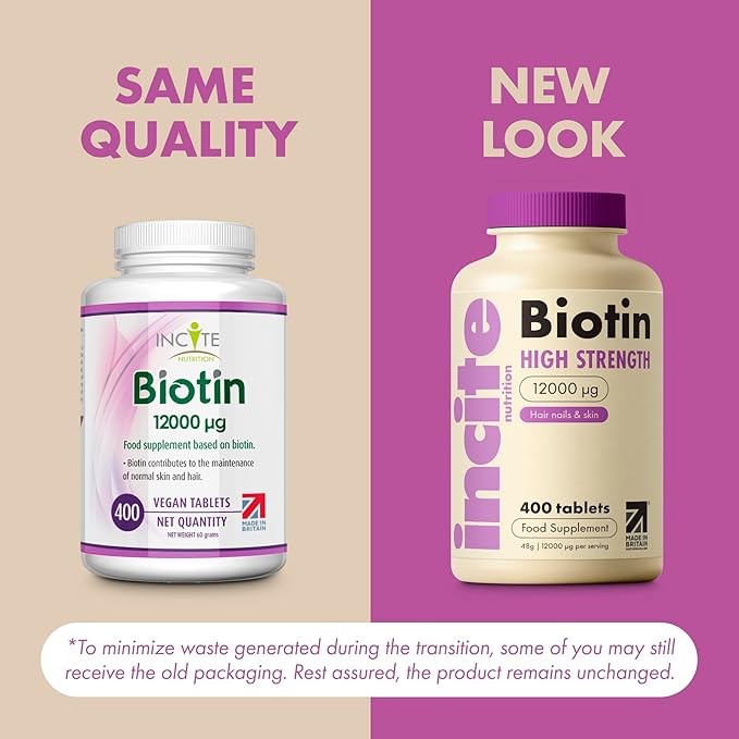 Incite Nutrition Biotin Supplement 12000mcg - +1 Year Supply - High Strength 400 Easy Swallow Tablets - Biotin Hair Growth Vitamins for Hair, Skin & Nails - Natural Vegan & GMO-Free - Made in UK