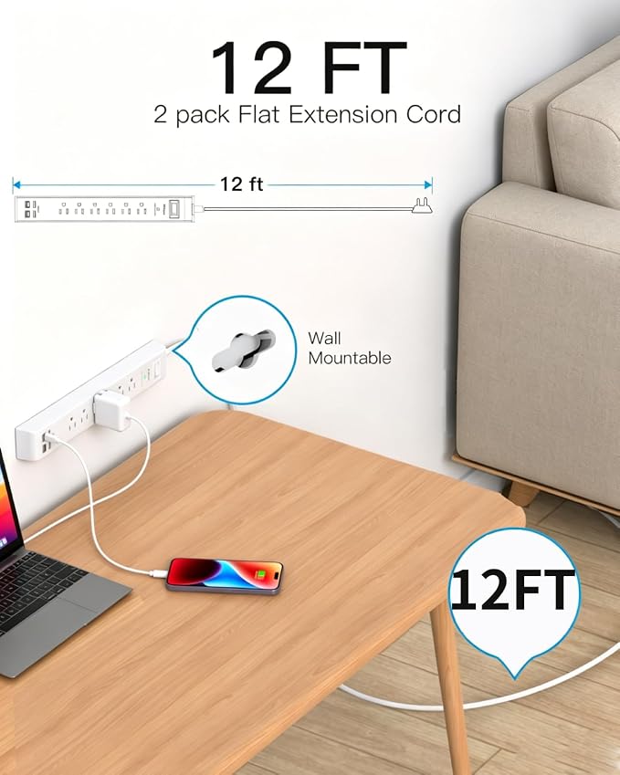 2 Pack Power Strip, 12FT Extension Cord, Surge Protector with 6 Outlets and 4 USB Ports (2 USB C), Extension Cord with Multiple Outlets, Flat Plug Overload Protection, Wall Mount for Home Dorm College