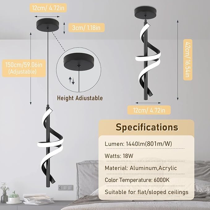 Spiral Led Pendant Light Fixtures, 5500K Cold White Modern Led Pendant Light Kitchen Island, Adjustable Height Kitchen Island Lights Fixtures for Dining Room Kitchen Bedroom Sink, 3 Packs