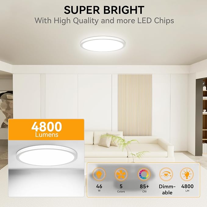 WKONCLDY 5CCT 3000k/3500K/4000K/5000k/6000k Selectable, Led Flush Mount Ceiling Light, 15.8 Inch 4800LM Round Modern Flat Panel,Super Slim for Living Dining Kitchen Bedroom Room