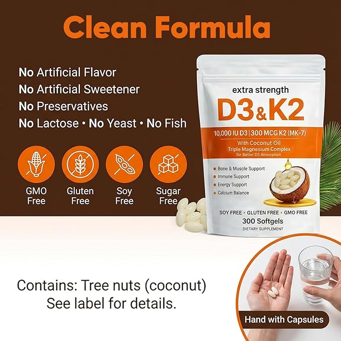 Vitamin D3 K2 Magnesium Complex, Extra Strength D3 & K2 with Triple Magnesium Softgels, D3 K2 Vitamin 10000 IU Softgels(1)