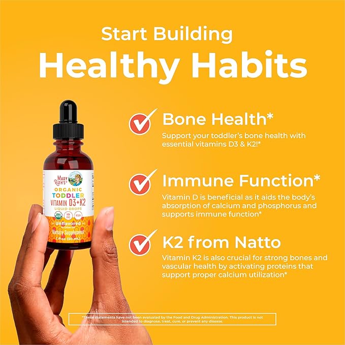 MaryRuth Organics Vitamine D3 | Vitamine K2 | Gouttes D3 K2 | Supplément Liquide Vitamine K2 D3 pour Tout-petits | Supplément pour Enfants pour l'Absorption du Calcium et des Os Forts | Vegan | Sans Gluten | 30 ml
