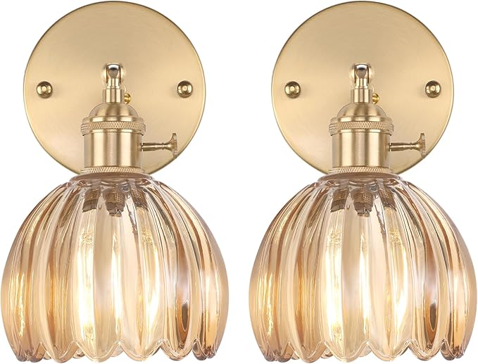 Shenmoyl Vintage Wall Sconces Set of 2 with Amber Tulip Glass Lampshade 180 Degree Adjustable Brass Sconces Hradwired Modern Wall Lighting Fixture with Switch for Bedside Bedroom Doorway