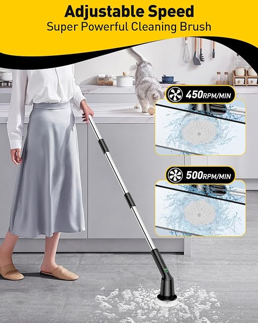 Electric Spin Scrubber for Cleaning Bathroom, Shower Scrubber with IPX7 Waterproof & 2 Speed, 3 Brush Heads, Abrasive Flat End Brushes, Bathroom Cleaning Supplies for Toilet Shower Tub Sooty