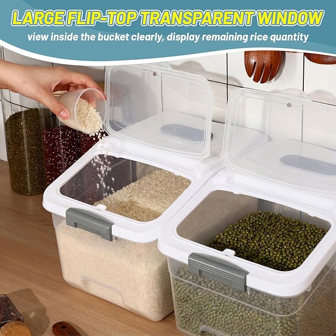 Blushtier 4 Pack Large Rice Storage Containers 30 Lbs Airtight Flour Container with Seal Locking Lid and Measuring Cup Kitchen Dry Food Storage Bins for Cereal Sugar Beans(Transparent White)
