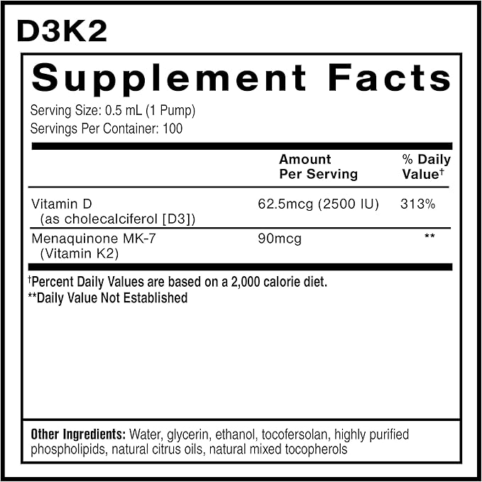Quicksilver Scientific ナノ乳化D3K2 - 心臓、骨の健康、免疫サポートのための乳化液体ビタミンD3 + K2 MK7リポソームサプリメント - 吸収を強化するバイオアクティブ2500IU (1.7oz/50ml)
