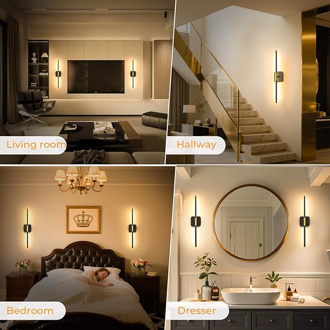 GvvooHome Battery Operated Wall Sconce Detachable 360°Rotate, Wireless Wall Lamp 3000-6500K Dimmable, 10000mAh Rechargeable Wall Light for Bedroom, Living Room，28.3" Black Gold 4 Pack