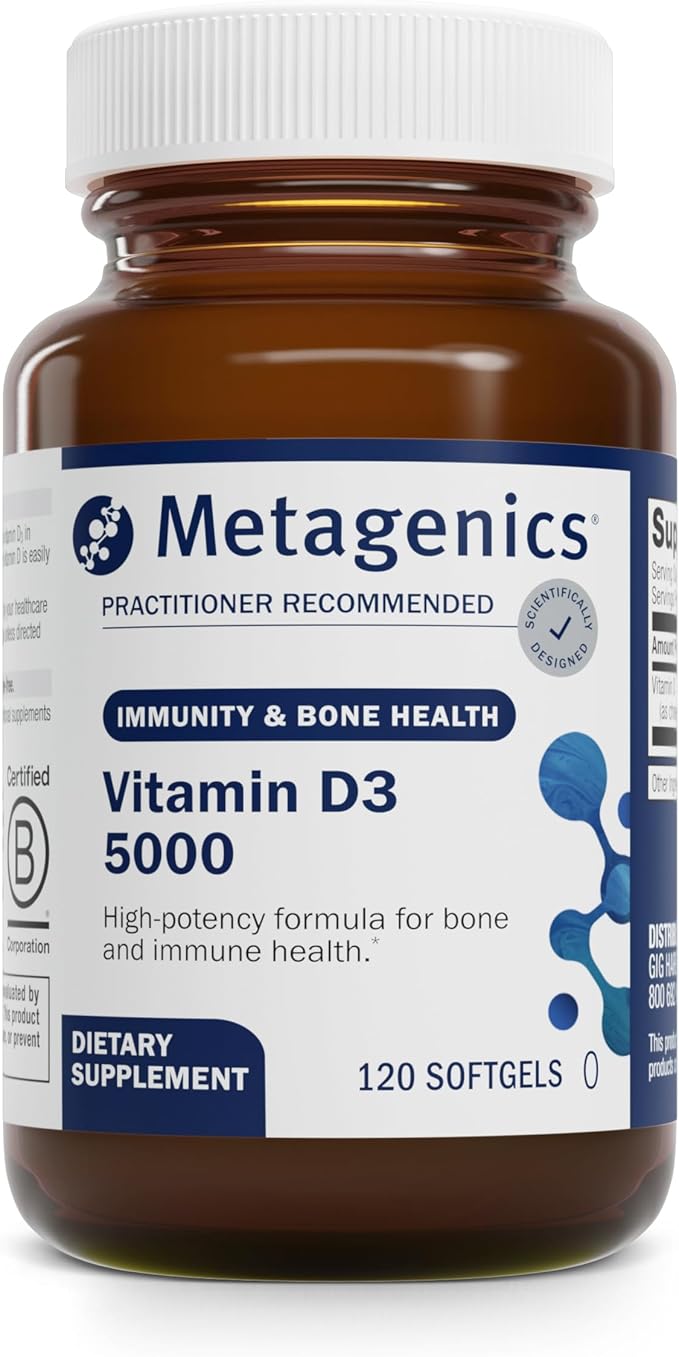 Complément alimentaire Metagenics Vitamine D3 5000 UI - Gélules à haute dose pour la santé immunitaire, osseuse et cardiaque* - 125 mcg de Cholécalciférol dans de l'huile de coco pour une meilleure absorption* - Sans OGM, Sans Gluten - 120 gélules