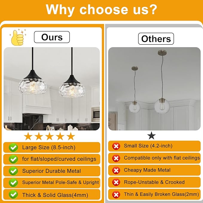 Modern Pendant Lights Kitchen Island, Matte Black Pendant Light Fixtures with 8.5" Clear Hammered Glass Shade, Industrial Hanging Pendant Lights Fixture for Kitchen Island Dining Room Entryway 1 Pack