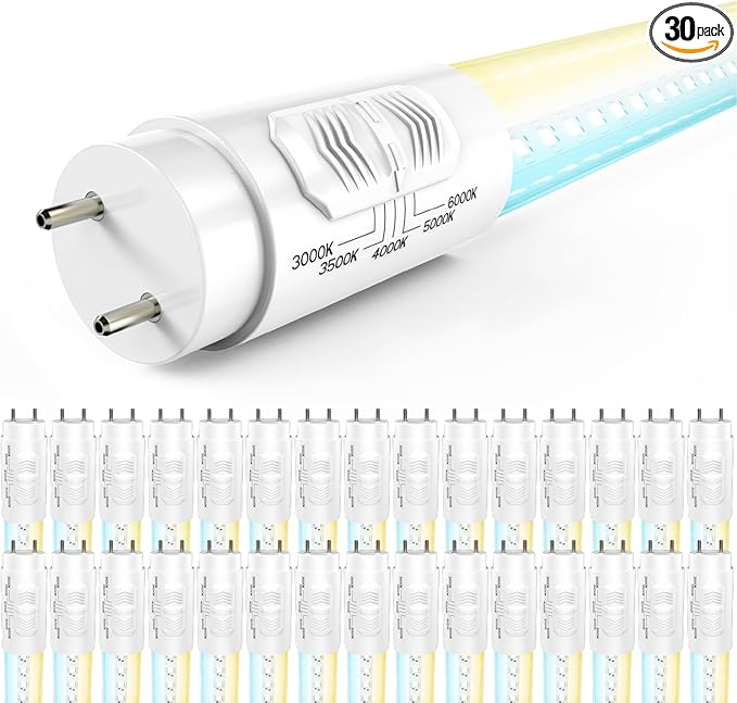 Sunco 30 Pack T8 LED Bulbs 4 Foot, LED Fluorescent Tube Replacement, 4ft LED Tube Light, Ballast Bypass, 18W, 2200 LM, Selectable CCT 3000K/3500K/4000K/5000K/6000K, Single Ended Power, Clear Lens UL