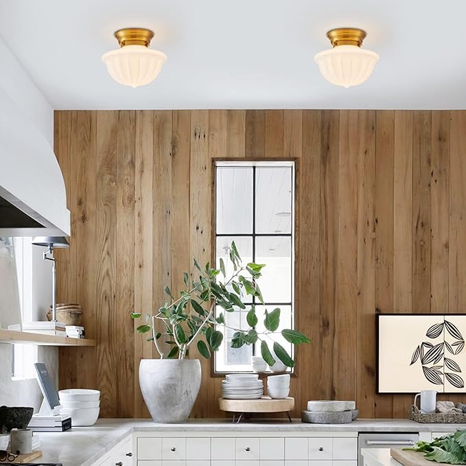 youngrender Schoolhouse Light Fixture Gold, 9" Modern Mid Century Semi Flush Mount Ceiling Light with Opal Milk Glass Shade for Bedroom, Kitchen, Dining Room, Bathroom, Hallway, Stairway, Entryway