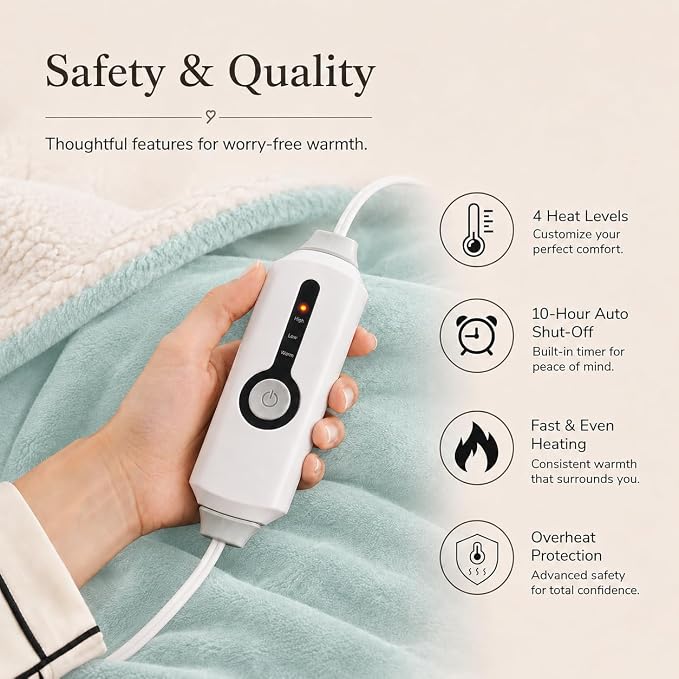 Electric Heated Blanket Queen Size 84"x90" – ETL Certified for Safe Overnight, 4 Heat Settings & 10H Auto Off, Dual-Sided Microplush Sherpa for Home Theater Night, Machine washable – Spring Green