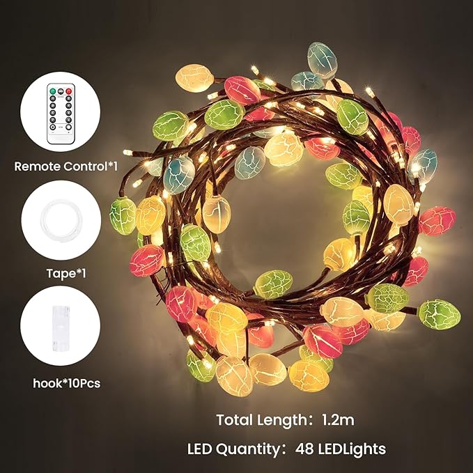 Easter Egg LED Tree Branch Lights for Wall,Easter Egg Willow Vine Twig Decor,USB Interface,with 48 LED Lights and Remote,8 Lighting Modes,for Home,Walls,Doors Windows (47inch)