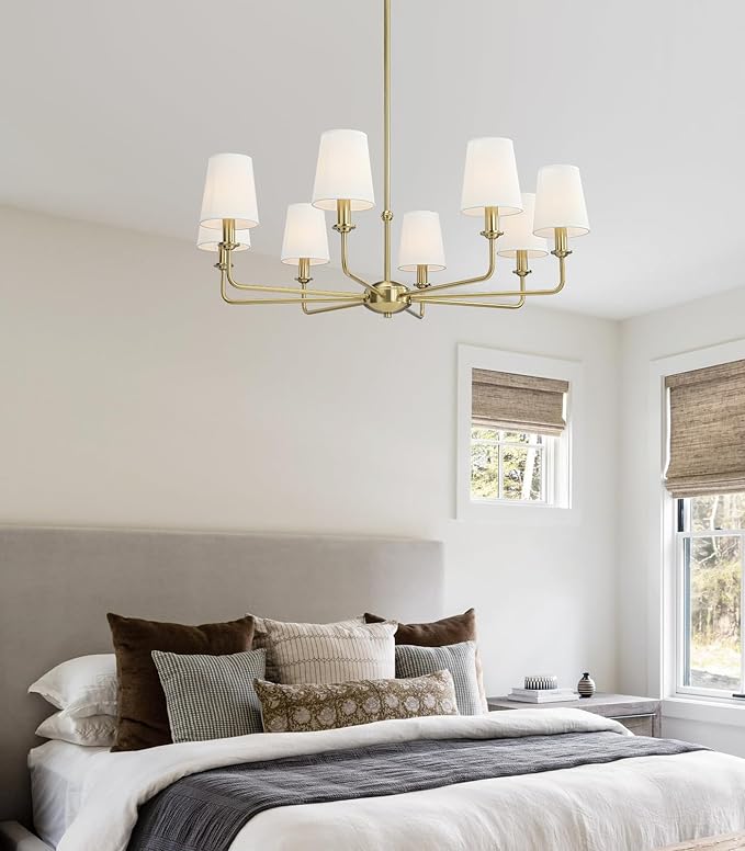 40.5'' 8-Light Brushed Gold Chandelier, E12 Base, White Fabric Shade - Farmhouse & Industrial Style Pendant Light for Dining Room Living Room Bedroom Kitchen