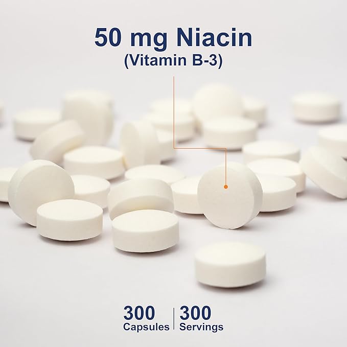 Carlson - Niacine, 50 mg, Favorise le métabolisme du cholestérol, la production d'énergie, la santé cardiaque, la fonction nerveuse, 300 comprimés