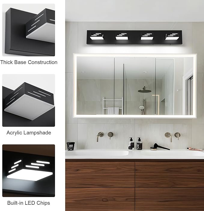 Joosenhouse Modern LED Vanity Light for Bathroom, 5CCT Dimmable Vanity Lights, 4-Light Makeup Light Fixture, 29.92-Inch, 32W Black