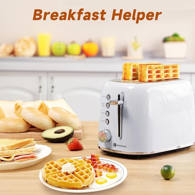 Aigostar Retro 2 Slice Toaster, Stainless Steel, White | Extra Wide Slots, Bagel Function, Cancel & Defrost, 6 Shade Settings, Removable Crumb Tray