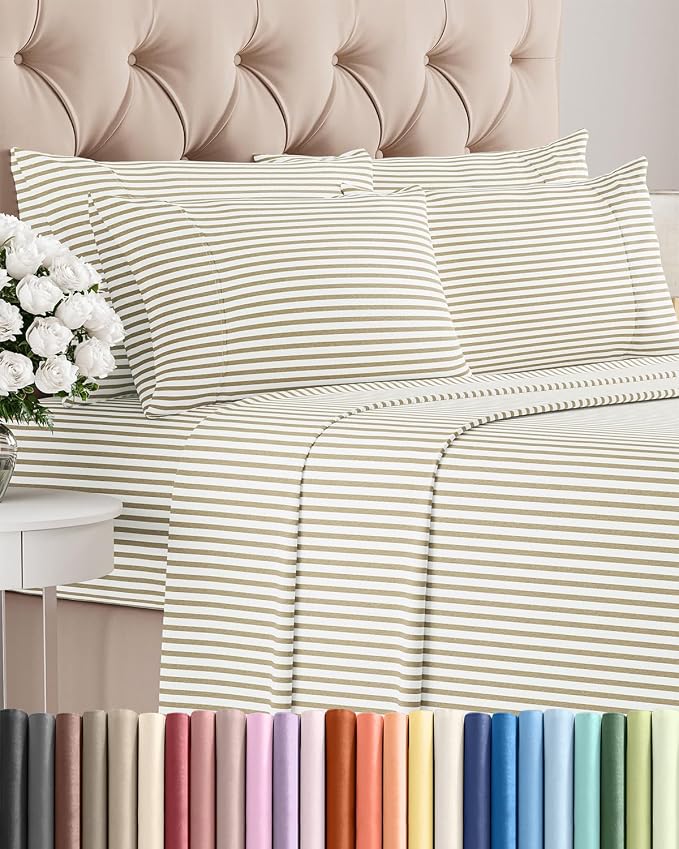 Cal King 6 Piece Sheet Set - Comfy Breathable & Cooling - Soft Hotel Luxury Bedding Set w/ 8-16 Inch Deep Pockets - 1 Flat & 1 Fitted Sheet & 4 Pillowcases - Wrinkle Free & Easy Care - Beige Stripes 2