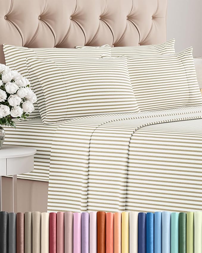 King 6 Piece Sheet Set - Comfy Breathable & Cooling - Soft Hotel Luxury Bedding Set with 8-16 Inch Deep Pockets - 1 Flat & 1 Fitted Sheet & 4 Pillowcases - Wrinkle Free & Easy Care - Beige Stripes 2