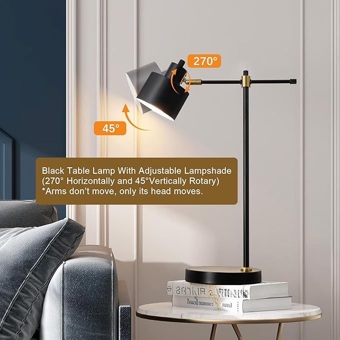 OYEARS 22.2" Modern Desk Lamp, Metal Table Lamp with LED Bulb, Adjustable Reading Lamps for Living Room, Mid Century Task Lamp for Home Office, Industrial Bedside Lamps with Solid Base,Black