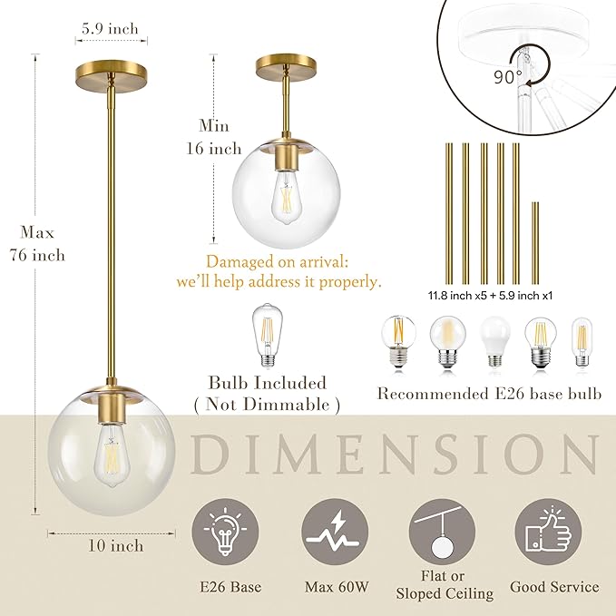 Bagood 10" Globe Pendant Light Gold 2 Pack Mid Century Pendant Light Globe Pendant Lights Kitchen Island Brushed Brass Finished with Clear Glass Adjustable Ceiling Light Fixtures for Dining Room Bar