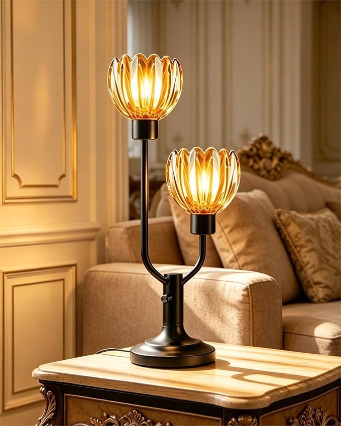 Lightdot Mid Century Modern Flower Table Lamp for Bedroom Dimmable Nightstand Lamp Amber Glass Vintage Black Desk Lamp 2 Bulbs Included Warmwhite Ambient Bedside Lamp for Living Room Home Office Decor