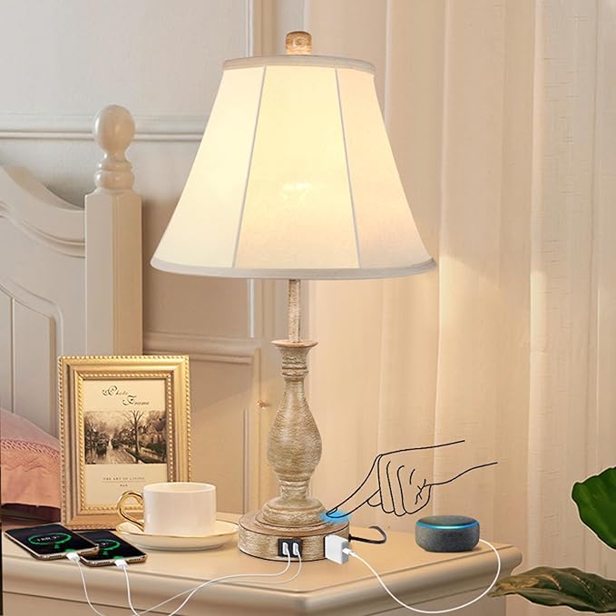 LALISU Farmhouse Table Lamp Touch Control 3-Way Dimmable Table Lamp, Modern Nightstand Lamp with 2 USB Port Bedside Desk Lamp with Fabric Shade for Living Room Bedroom Hotel (Pack 1-Beige Shade)