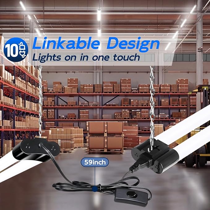 hykolity 10 Pack 4FT Linkable LED Shop Light, Utility Shop Light Fixture, 4400lm, 42W [250W Equivalent], 5000K Daylight Shop Lights for Garage, Hanging or Surface Mount, with Power Cord, ETL, Black