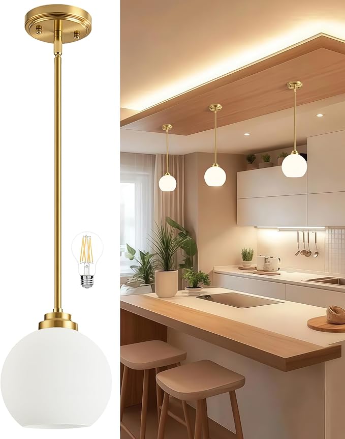 Majade Globe Pendant Lights Mid Century Modern Kitchen Island Pendant Light Fixtures 7.4 Inch Gold Brass Pendant Lighting with Milk Glass Adjustable Hanging Light Fixtures for Dining Room Living Room