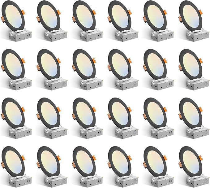 Amico 24 Pack 6 Inch Black 5CCT Ultra-Thin LED Recessed Ceiling Light with J-Box, 2700K/3000K/3500K/4000K/5000K Selectable, 12W Eqv 110W, Dimmable Canless Downlight, 1050LM High Brightness, ETL, FCC