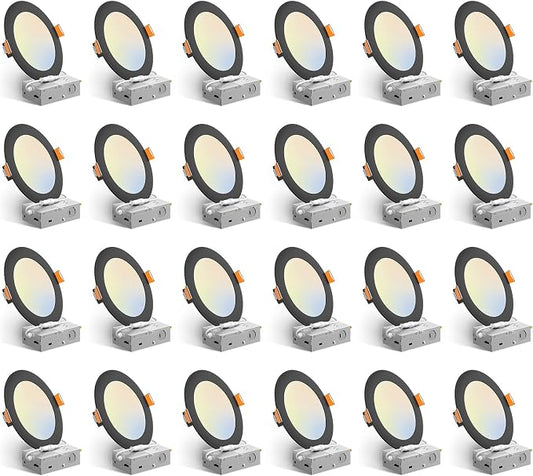Amico 24 Pack 6 Inch Black 5CCT Ultra-Thin LED Recessed Ceiling Light with J-Box, 2700K/3000K/3500K/4000K/5000K Selectable, 12W Eqv 110W, Dimmable Canless Downlight, 1050LM High Brightness, ETL, FCC