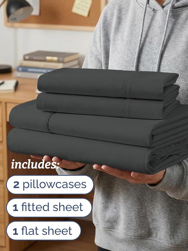 Twin XL 4 Piece Sheet Set - Comfy Breathable & Cooling - Ultra-Soft Hotel Luxury Bedding Set w/ 8-16 Inch Deep Pockets - 1 Flat & 1 Fitted Sheet & 2 Pillowcases - Wrinkle Free & Easy Care - Charcoal
