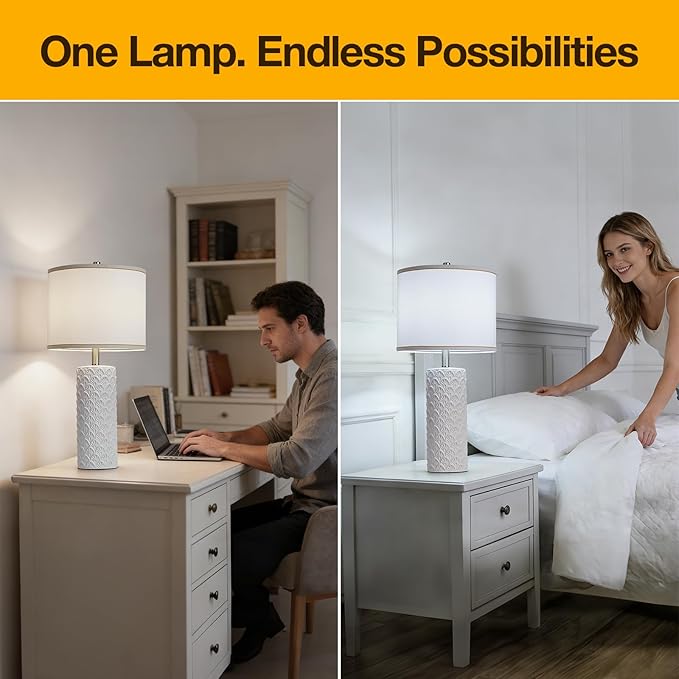 27" Farmhouse Bedside Table Lamp Set of 2, White Modern Ceramic Lamps for Living Room, 3 Color Temperature Rustic Table Lamps for Bedroom, Night Stands, Dorm,Office, Home Décor (Bulb Included