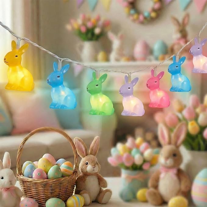 GOOTHY Easter Rabbit String Lights Plug in, Indoor Outdoor Easter Decorations Lights with 10 LED Colorful Bunny Light, Hanging Spring Pastel Bunny Lights for Party Garden Birthday Wedding Home Decor