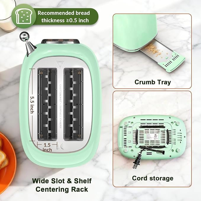 Mecity Toaster 2 Slice, Touch Screen Wide Slot Retro Toaster For Breads Bagel Muffin Waffle, House Warming Gift New Home, 120V 825W, Light Green