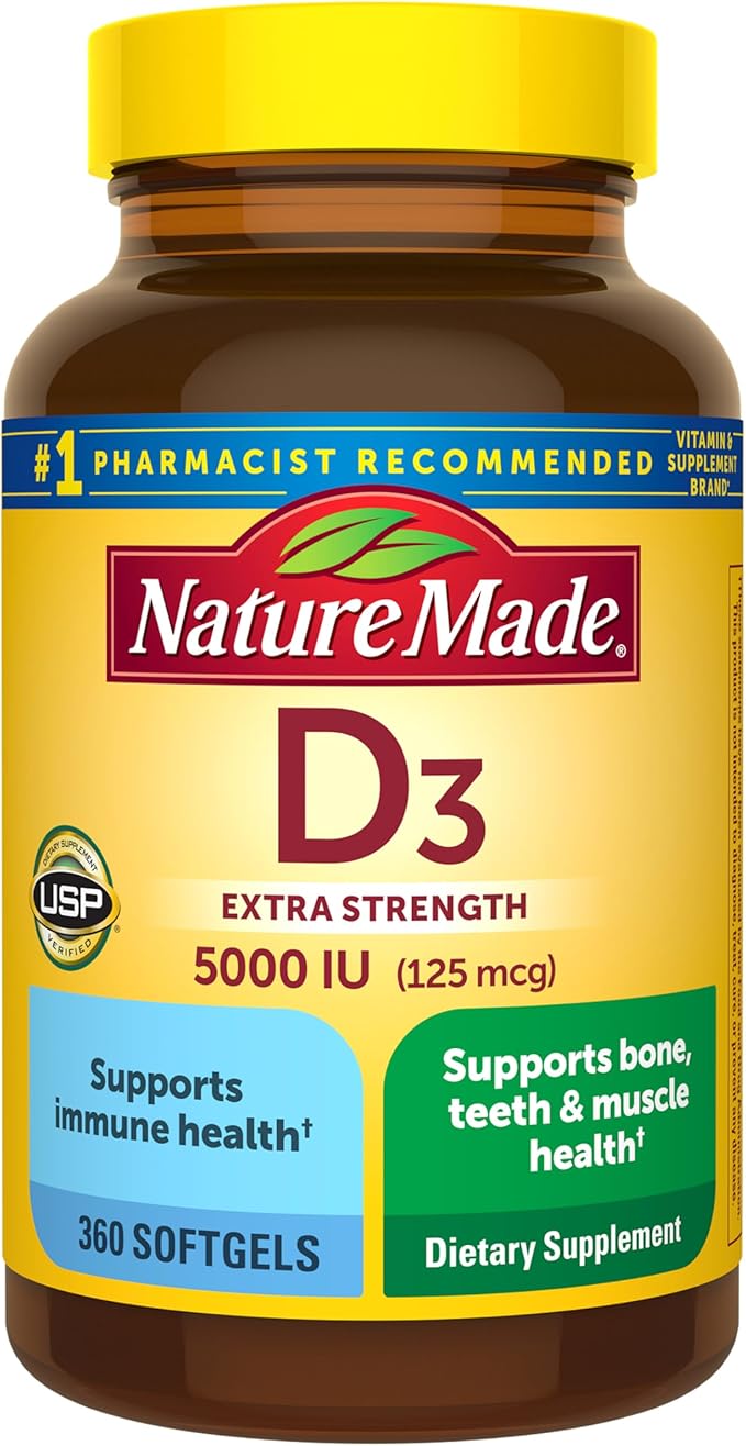 Nature Made Vitamin D3 5000 IU (125 mcg) Softgels, Extra Strength Vitamin D Supplement for Bone and Immune Health Support, 360 Count, 360 Day Supply