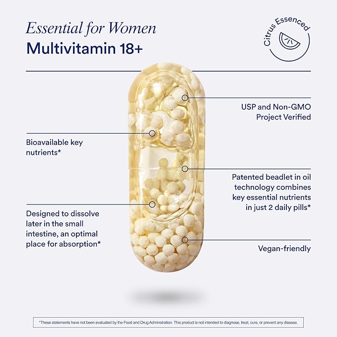 Ritual Multivitamin for Women 18+ with Vitamin D3 for Immune Support*, Vegan Omega 3 DHA, B12, Iron, Gluten Free, Non GMO, USP Verified, Citrus, 30 Day Supply, 60 Capsules