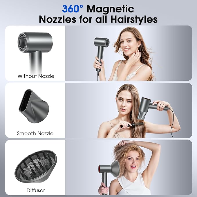 High-Speed Hair Dryer, 150000RPM Brushless Motor for Ultra-Fast Drying, 500M Ionic Negative Blow Dryer for Frizz Reduce, Low Noise Hair Blow Dryer with Magnetic Diffuser for Home Travel Salon