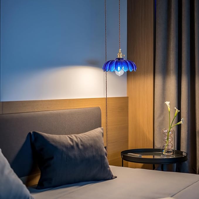 XZHGCEE Plug in Pendant Light: Bule Hanging Light Plug in Fixture Hanging Lamp, Glass Pendant Lighting for Kitchen Island, Bedroom, Dining Room, Living Room, E26 No Bulb