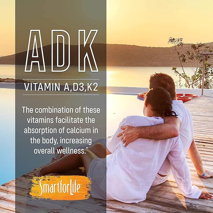 Complément de vitamines ADK Smart for Life - Vitamines ADK à haute puissance - Vitamine D3, Vitamine K2 et Vitamine A - Soutient la santé des os et du cœur - 5 000 UI Vitamine A - 5 000 UI Vitamine D3 - 500 mcg Vitamine K2