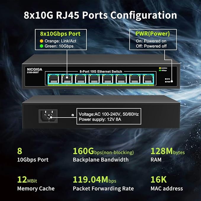 8 Port 10G Ethernet Switch Unmanaged,with 8X 10Gb Base-T Ports, NICGIGA 10Gbps Network Switch Easy for 10G NAS,PC,WiFi7 Router,10G Adapter/NIC. Desktop or 19-inch Rack Mount, Plug and Play.